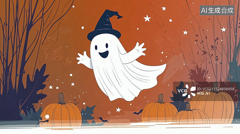 【AI数字艺术】以万圣节为主题的插画，通常采用卡通风格，强调了节日的氛围和装饰元素。每张图片都以橙色为背景，突出了秋图片素材