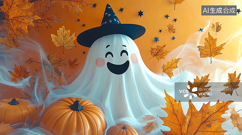 【AI数字艺术】以万圣节为主题的插画，通常采用卡通风格，强调了节日的氛围和装饰元素。每张图片都以橙色为背景，突出了秋图片素材