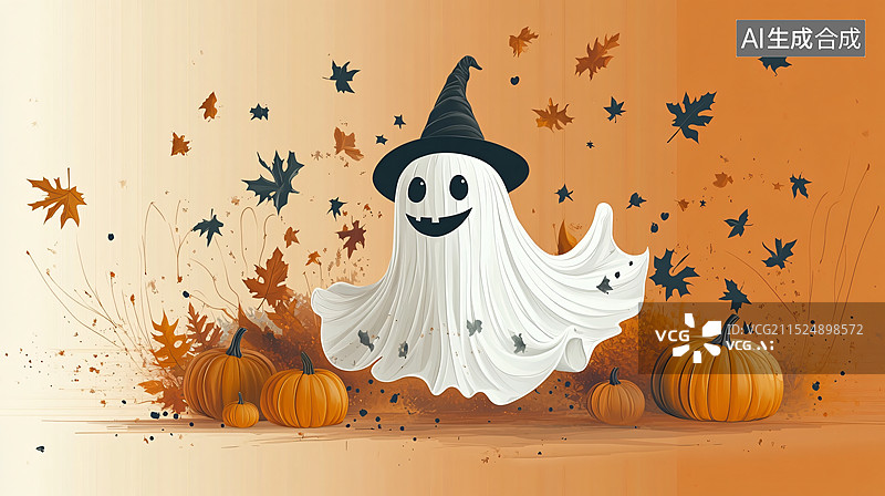 【AI数字艺术】以万圣节为主题的插画，通常采用卡通风格，强调了节日的氛围和装饰元素。每张图片都以橙色为背景，突出了秋图片素材