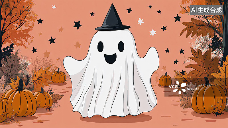 【AI数字艺术】以万圣节为主题的插画，通常采用卡通风格，强调了节日的氛围和装饰元素。每张图片都以橙色为背景，突出了秋图片素材