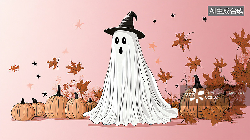 【AI数字艺术】以万圣节为主题的插画，通常采用卡通风格，强调了节日的氛围和装饰元素。每张图片都以橙色为背景，突出了秋图片素材