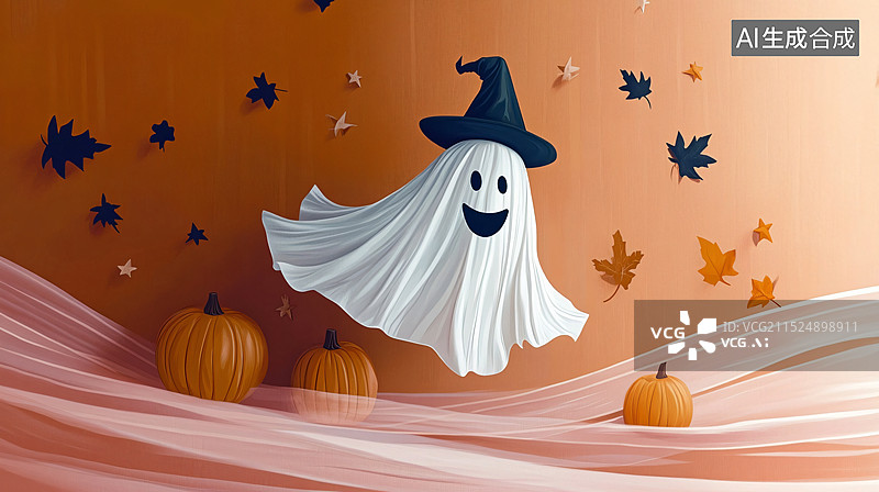 【AI数字艺术】以万圣节为主题的插画，通常采用卡通风格，强调了节日的氛围和装饰元素。每张图片都以橙色为背景，突出了秋图片素材