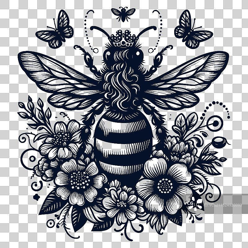 花朵与蜂后剪影文件图片素材