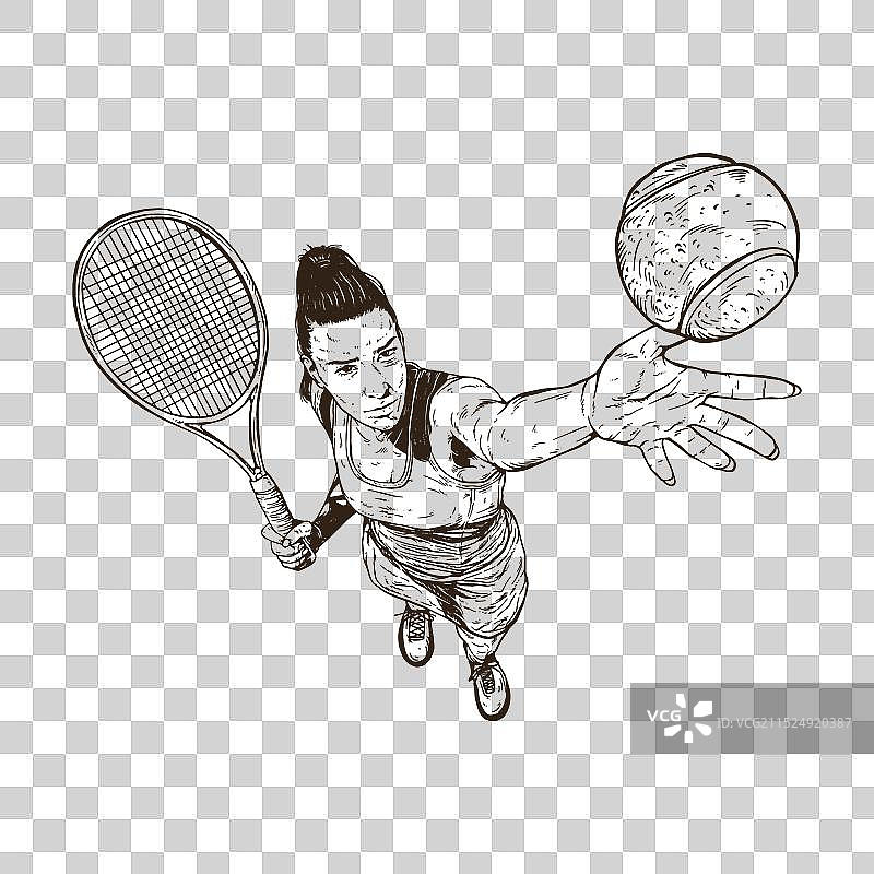 女子网球运动员复古线条雕刻风格图片素材