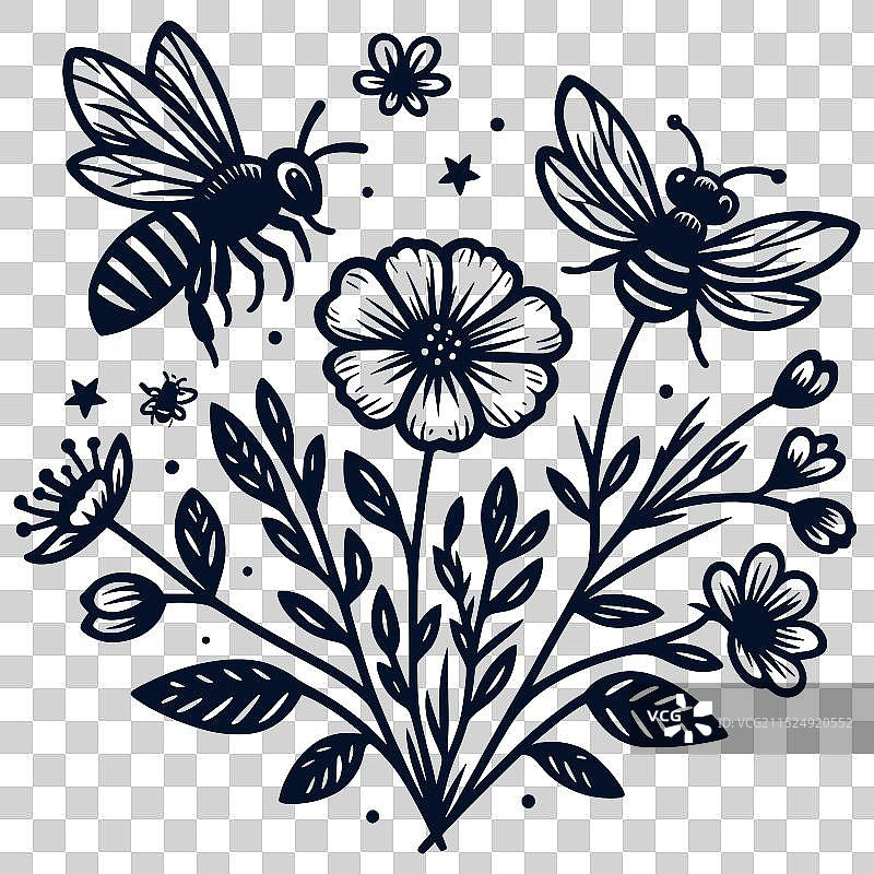 花朵与蜂后剪影文件图片素材