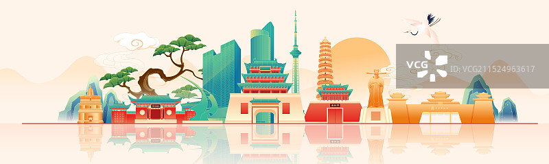 国风开封城市地标建筑彩色矢量插画图片素材