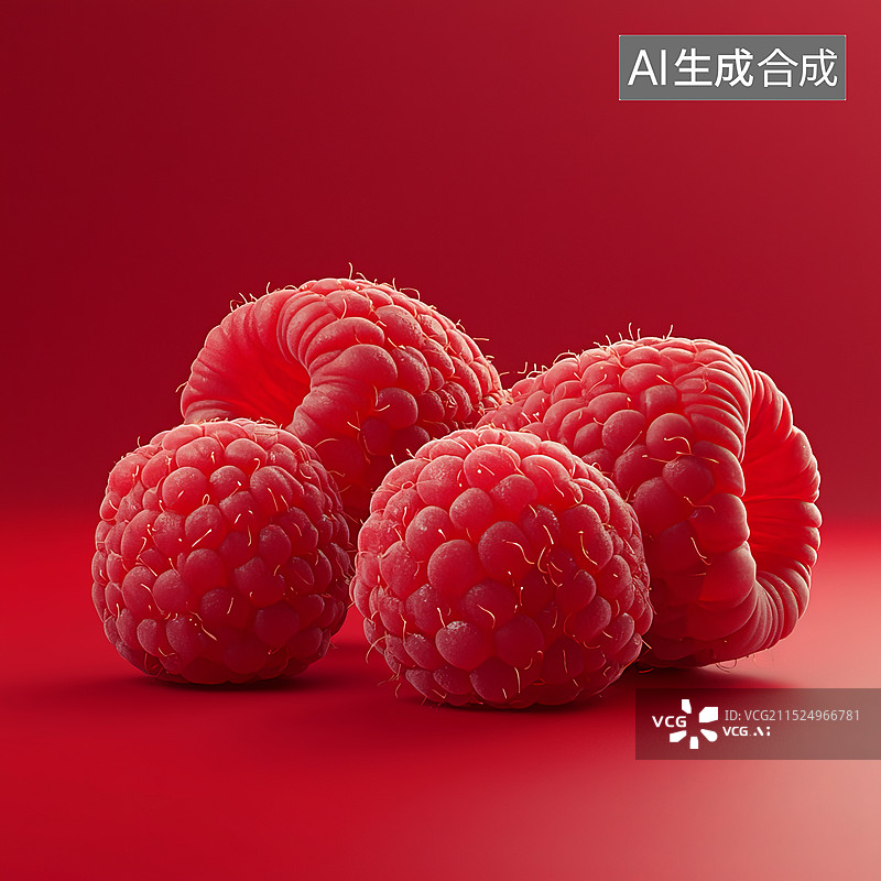 【AI数字艺术】红色背景上的新鲜覆盆子特写图片素材