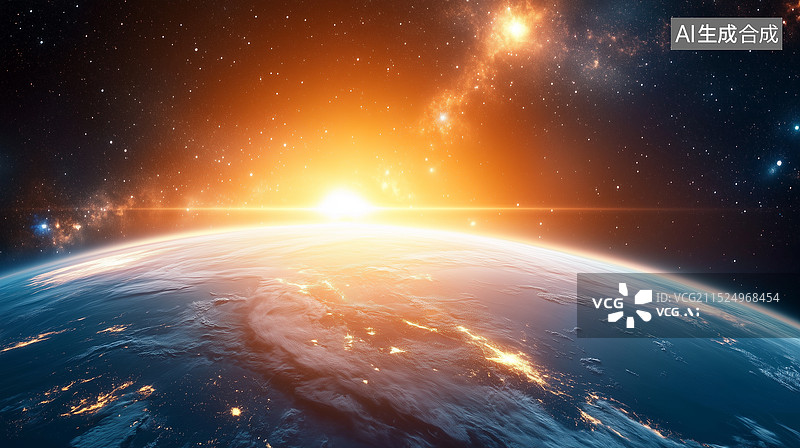 【AI数字艺术】太空视角地球上的日出图片素材