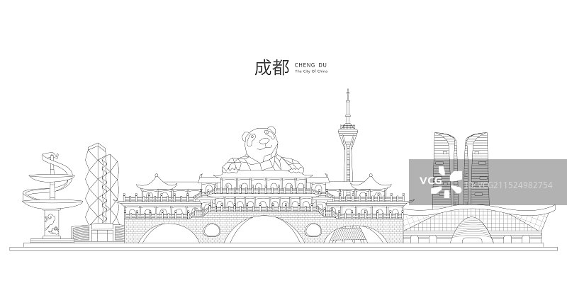 成都中国风黑白线条地标建筑描边插画矢量图片素材