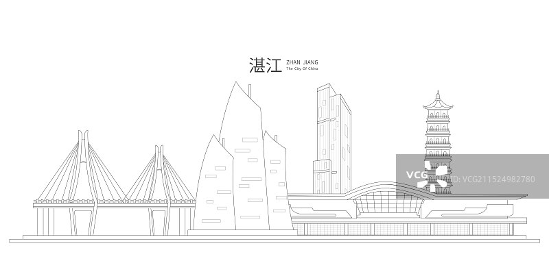 湛江中国风黑白线条地标建筑描边插画矢量图片素材