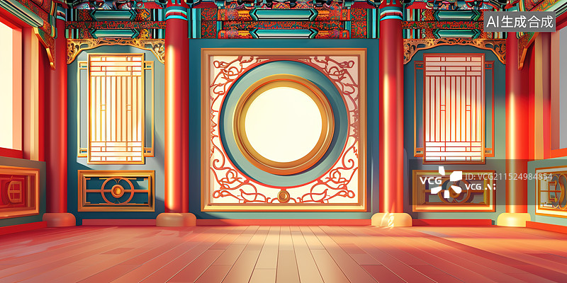 【AI数字艺术】三维渲染中式传统建筑内部装饰红色背景图片素材