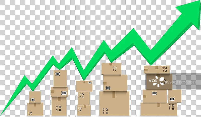 增长箭头下的成堆纸板箱图片素材