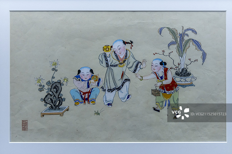 天津博物馆（天津文博院）“天津民间工艺展”：旧版新制 杨柳青年画听蝈蝈图片素材