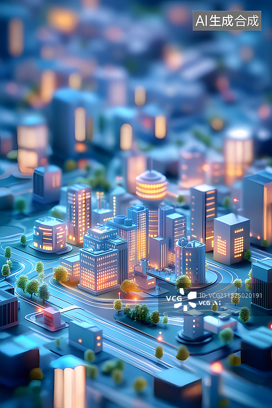 【AI数字艺术】微缩城市建筑模型科技3D竖版插画图片素材