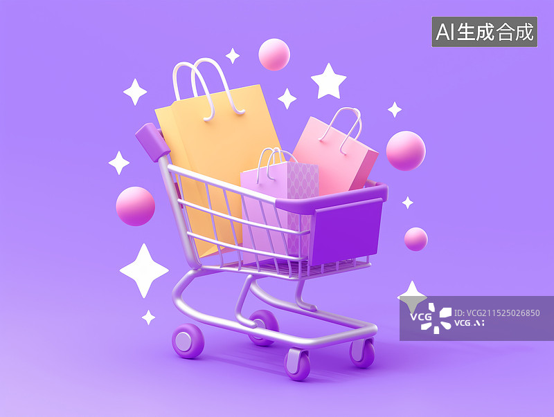 【AI数字艺术】紫色背景下的购物袋和购物车特写镜头图片素材