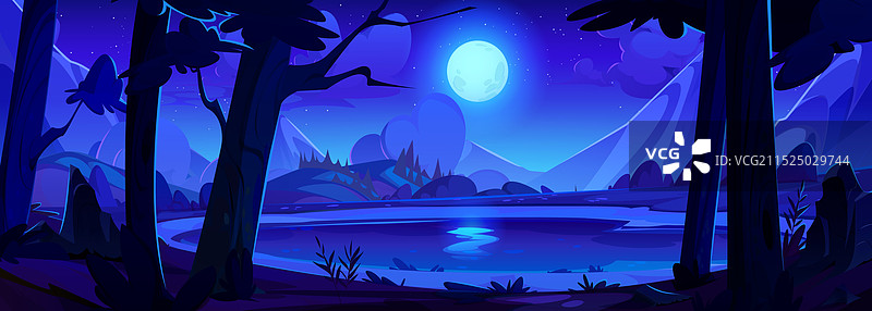 卡通夜晚森林湖泊风景图片素材