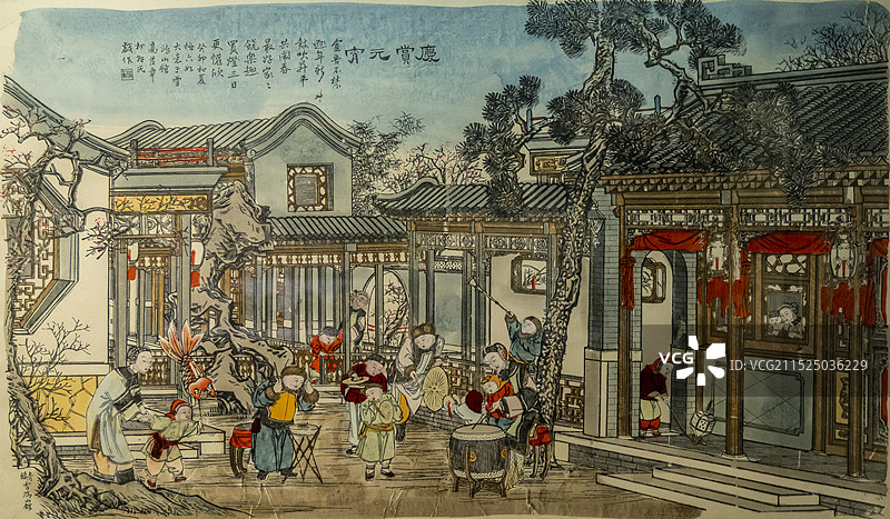 天津博物馆（天津文博院）“天津民间工艺展”：清 高桐轩绘杨柳青年画 庆赏元宵图片素材