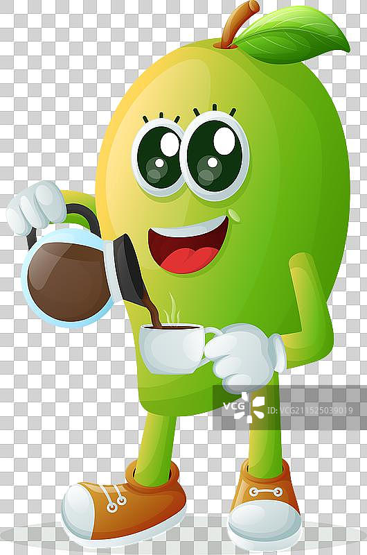 可爱的芒果角色倒咖啡图片素材