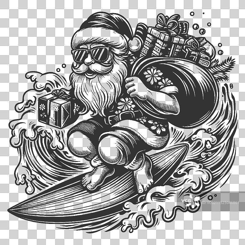 身穿夏威夷衬衫冲浪送礼物的圣诞老人图片素材