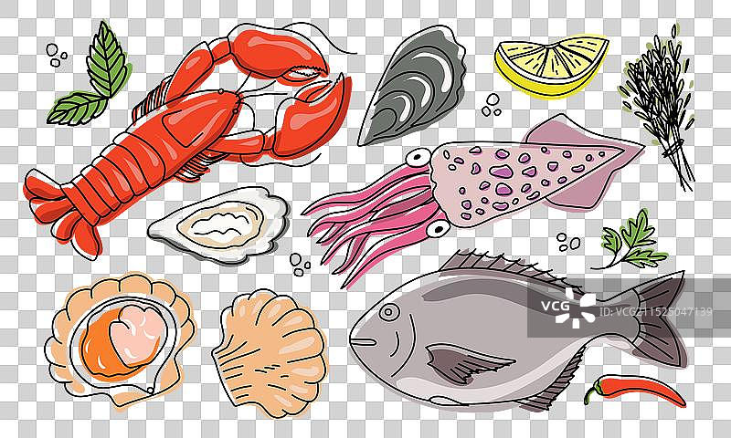 手绘新鲜海鲜套餐图片素材
