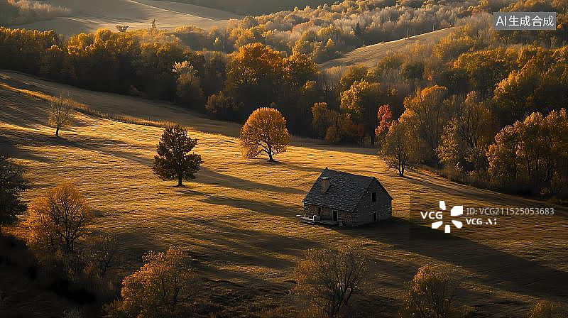 【AI数字艺术】秋天田野里的石屋和汽车图片素材