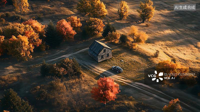 【AI数字艺术】秋天田野里的石屋和汽车图片素材