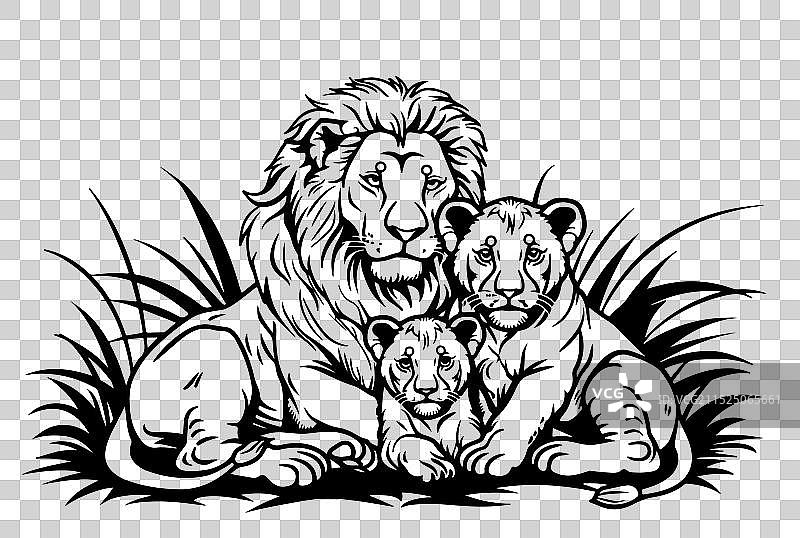动物套装：狮子家庭，狮子和幼崽图片素材