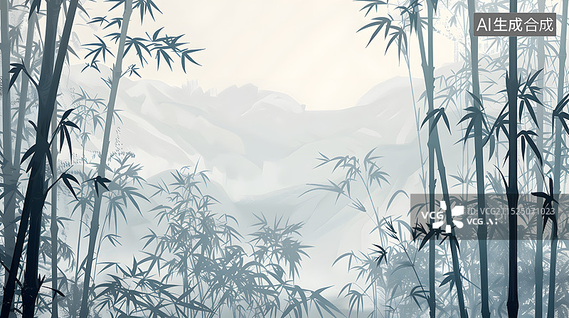 【AI数字艺术】雾里观竹，水墨画境。图片素材