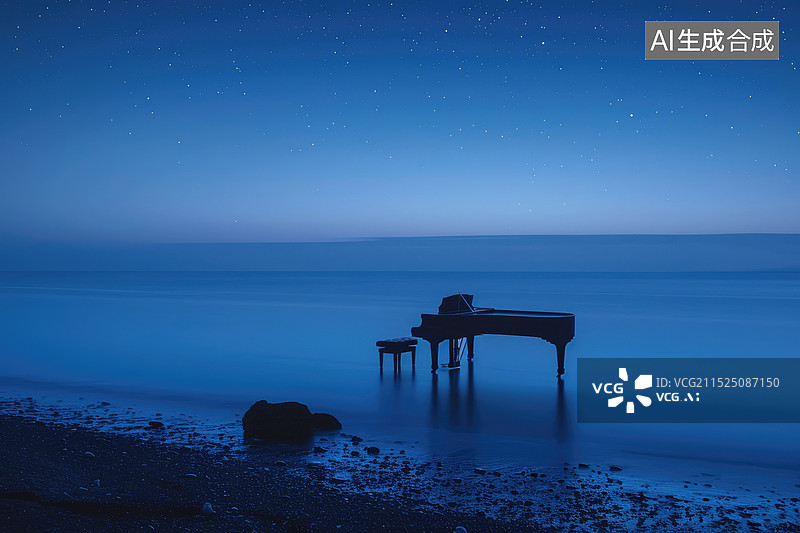【AI数字艺术】钢琴海边星空深蓝海水图片素材