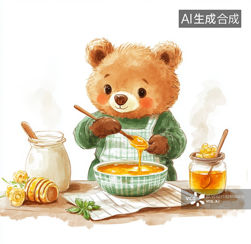 【AI数字艺术】一张卡通手绘图，图中是一只穿着围裙的小熊在厨房里做饭，锅里煮着汤，周围放着各种蔬菜水果和调料图片素材