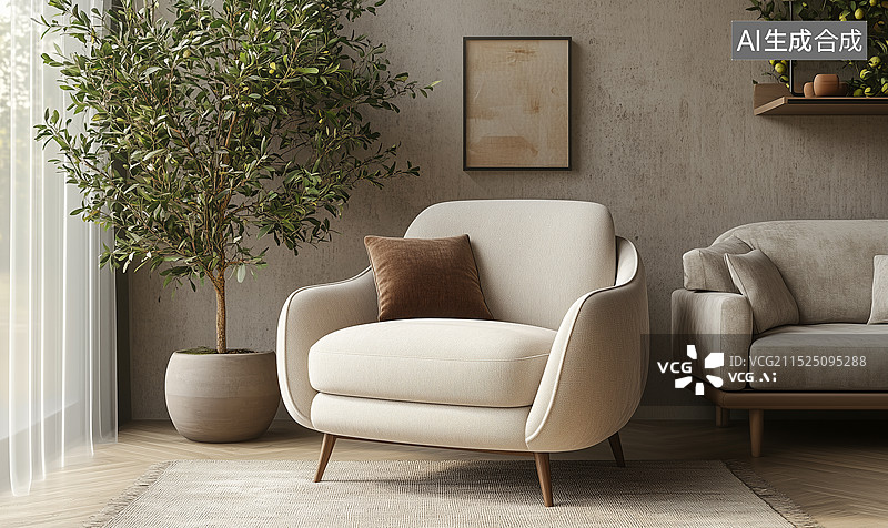【AI数字艺术】一张现代而优雅的扶手椅一棵橄榄树沙发，暖色调米色墙壁图片素材