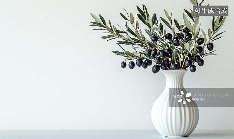 【AI数字艺术】一个带有橄榄枝和黑橄榄的白色陶瓷花瓶现代家居图片素材