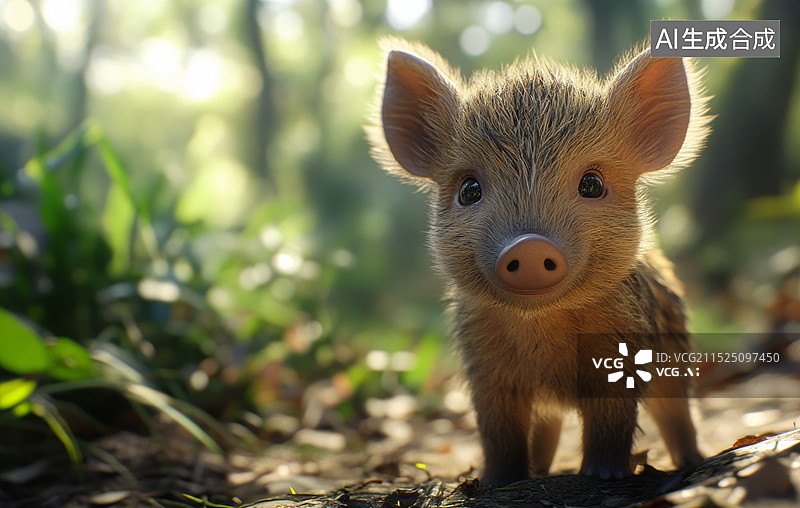 【AI数字艺术】一张小猪的特写照片，小猪站在落叶上，背对着阳光，看起来很温暖图片素材