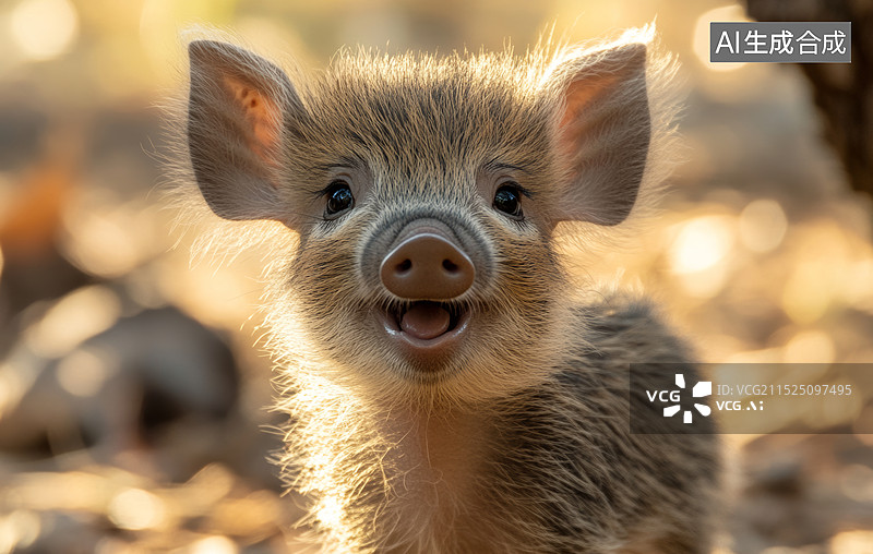 【AI数字艺术】一张小猪的特写照片，小猪站在落叶上，背对着阳光，看起来很温暖图片素材