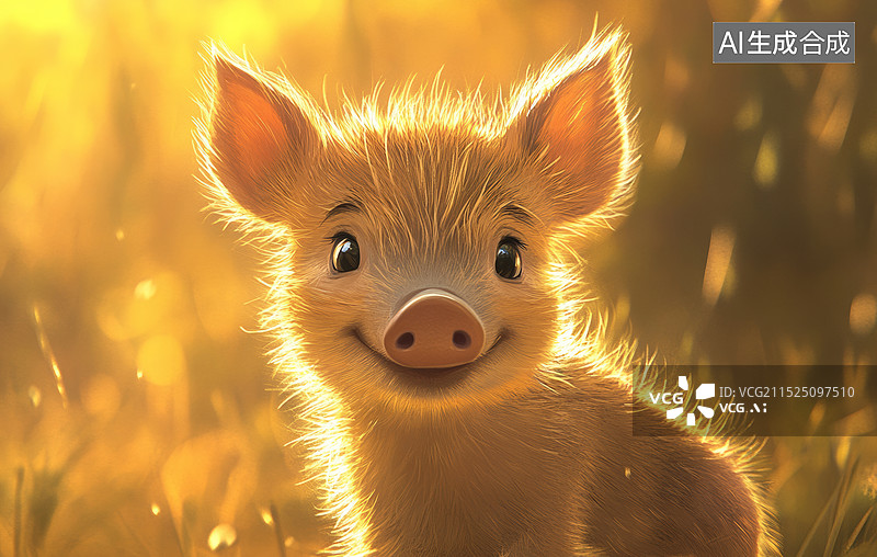 【AI数字艺术】一张小猪的特写照片，小猪站在落叶上，背对着阳光，看起来很温暖图片素材