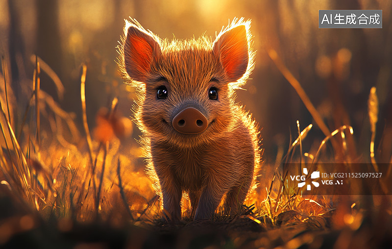 【AI数字艺术】一张小猪的特写照片，小猪站在落叶上，背对着阳光，看起来很温暖图片素材