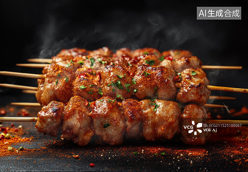 【AI数字艺术】烤肉串，上面撒着调料，背景是黑色的，有烟雾缭绕的效果图片素材