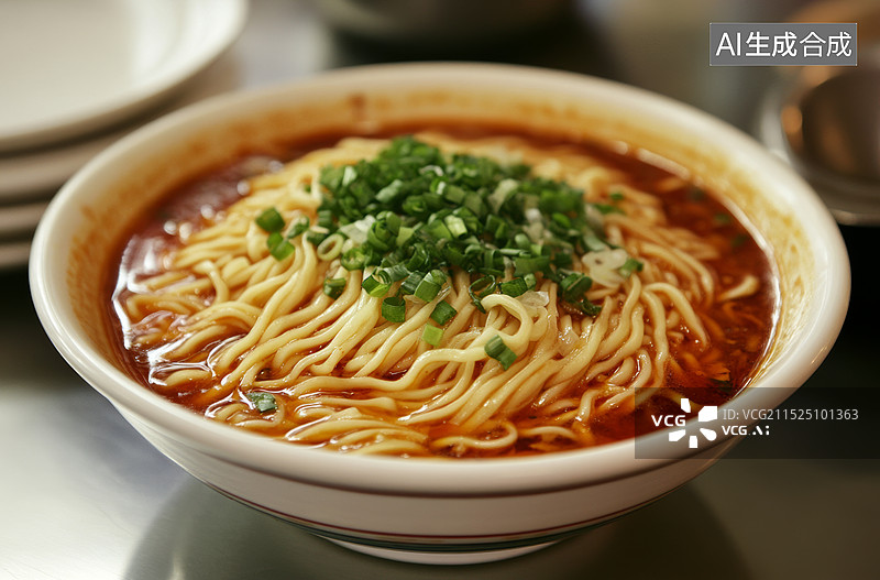 【AI数字艺术】一碗热气腾腾的担担面，面条浸在红油汤里，上面撒着葱花图片素材