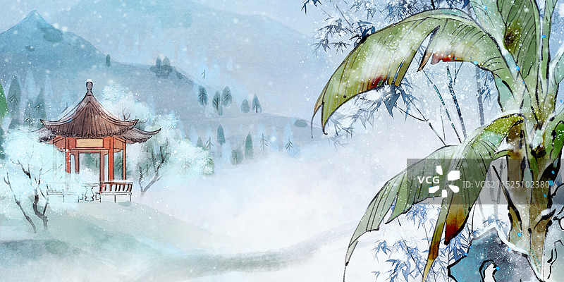 小雪芭蕉叶水墨雪景横版图片素材