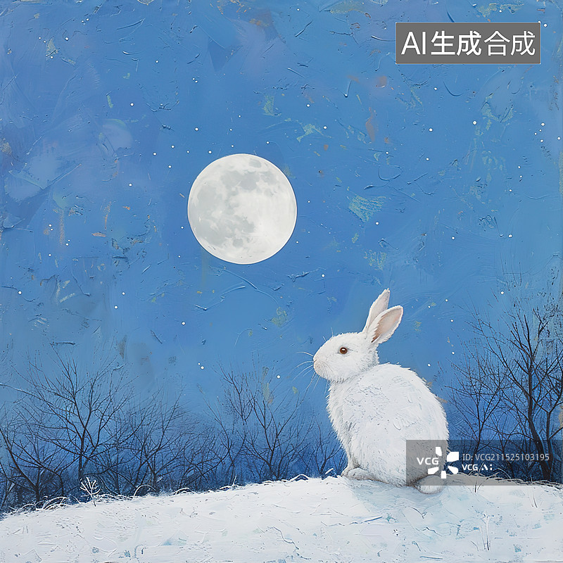 【AI数字艺术】冬夜雪景中的白兔图片素材