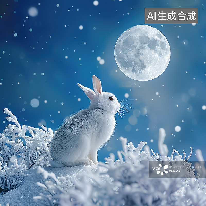 【AI数字艺术】冬夜雪景中的白兔图片素材