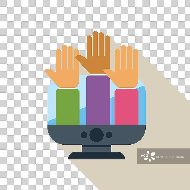 人们在电脑屏幕后方举手图片素材