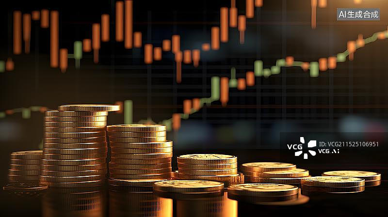 【AI数字艺术】股票走势图与桌面上的金币，金融3D插画背景图图片素材