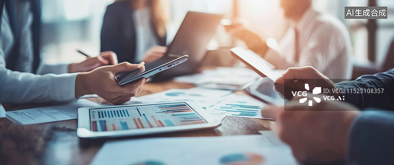 【AI数字艺术】一张桌子，上面有电脑、平板等设备，以及各种图表，还有几个人的手正在操作这些设备图片素材