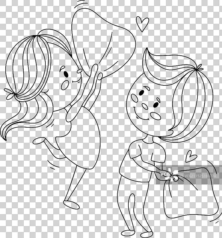 情侣枕头大战单线稿图片素材