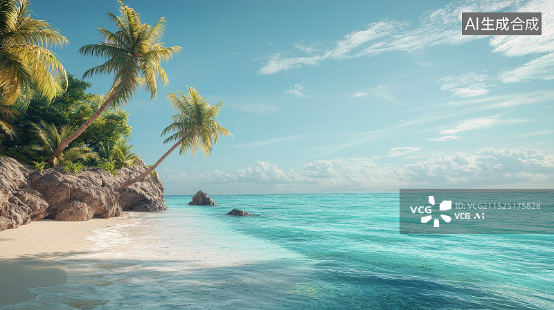 【AI数字艺术】热带海滩与椰树的蓝天白云风景图片素材