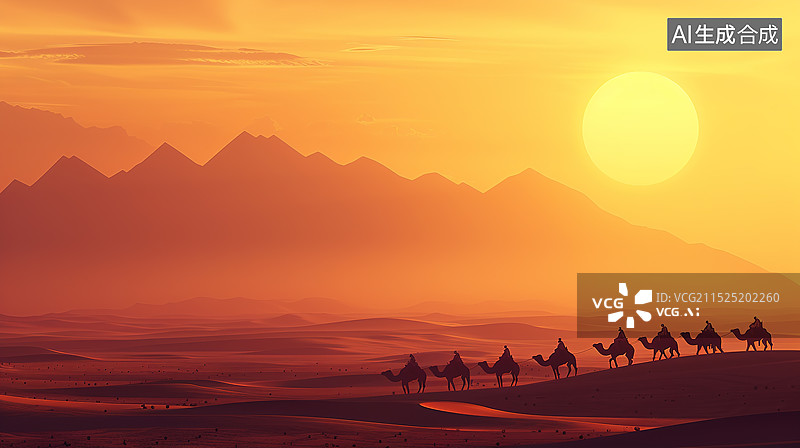 【AI数字艺术】落日余晖中沙漠上行进的驼队插画图片素材