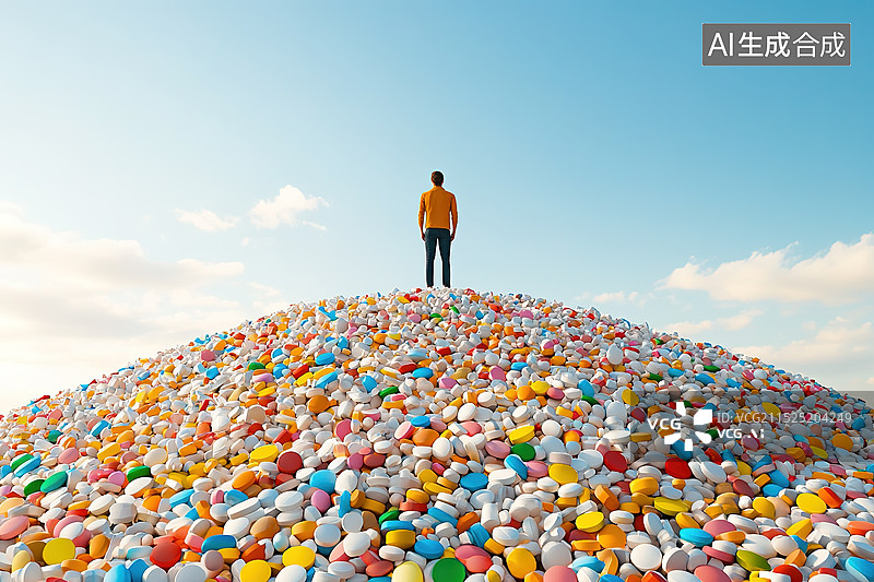【AI数字艺术】一个人站在堆积成山的药山上象征着对健康的憧憬图片素材