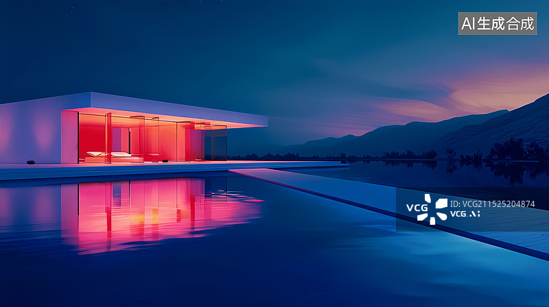 【AI数字艺术】湖边未来主义风格假日别墅混凝土建筑体图片素材