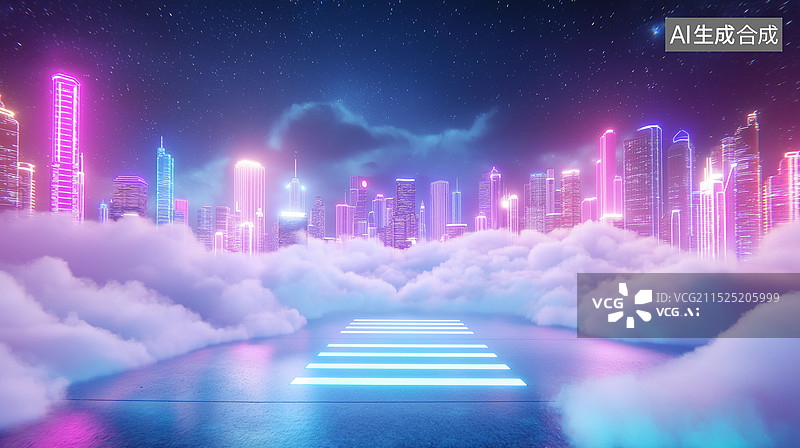 【AI数字艺术】赛博朋克风格汽车广告背景图——云雾缭绕的未来城市天际线与城市街道图片素材